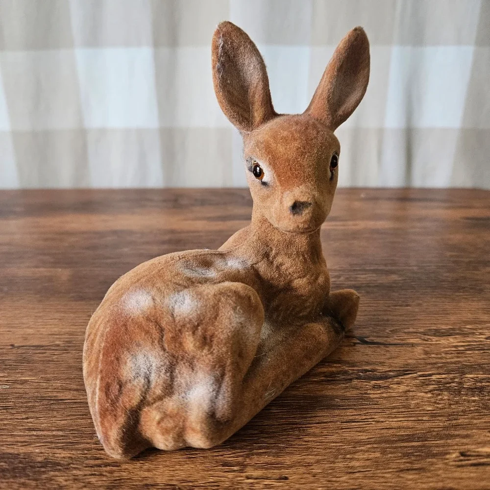 Vintage Flocked Deer Fawn Figurine Brown Spotted Woodland Easter Christmas Decor